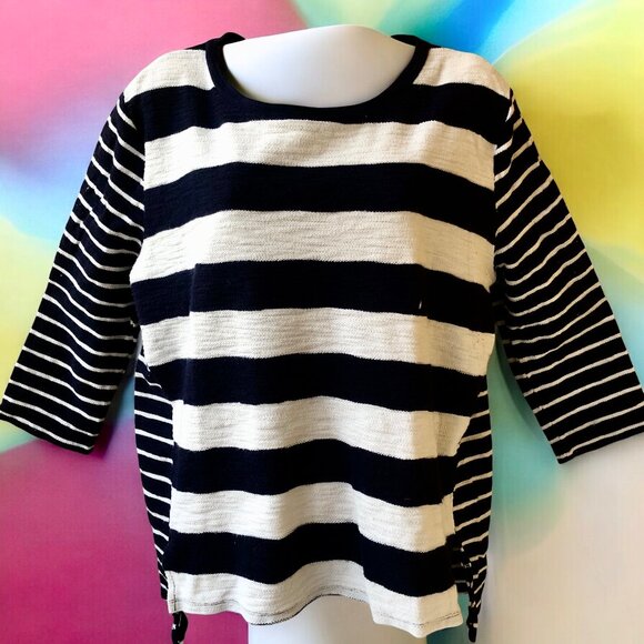 Navy Blue & White Striped Top Double Sided High/Low 3/4 Sleeve by Merona - Picture 11 of 13
